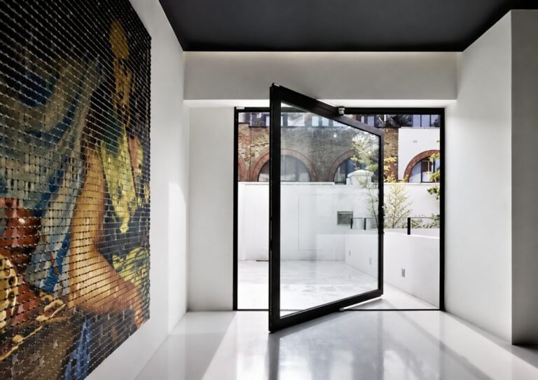 A minimalist interior featuring a large black-framed pivoting glass door open to an outdoor terrace and a tiled mosaic artwork on the left wall.